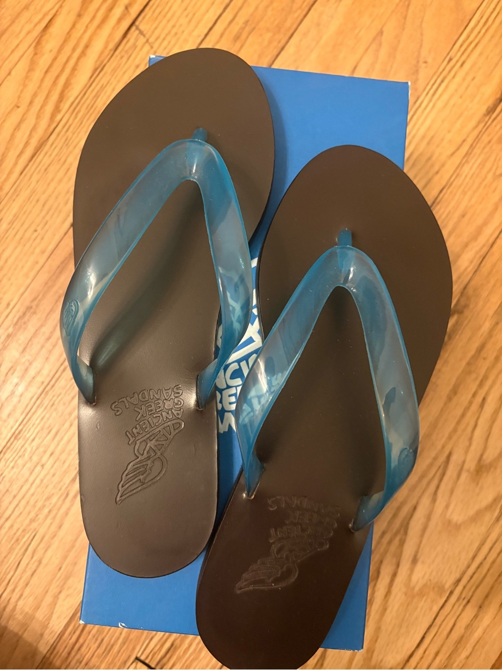 Ancient Greek Sandals AGS Saionara blue clear jelly leather flip flops 38